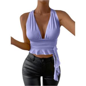 imageSOLY HUX Womens Sexy Deep VNeck Halter Crop Top Summer Beach Vacation Clothes Y2K Trendy Tank Top for Going Out PartyMauve Purple