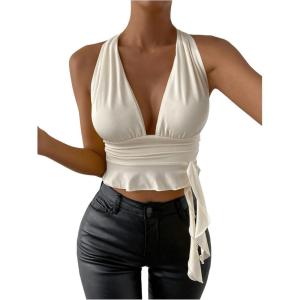 imageSOLY HUX Womens Sexy Deep VNeck Halter Crop Top Summer Beach Vacation Clothes Y2K Trendy Tank Top for Going Out PartyPlain Beige