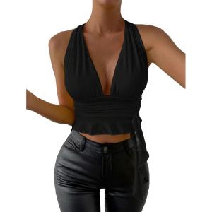 imageSOLY HUX Womens Sexy Deep VNeck Halter Crop Top Summer Beach Vacation Clothes Y2K Trendy Tank Top for Going Out PartyPlain Black