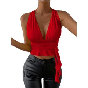 imageSOLY HUX Womens Sexy Deep VNeck Halter Crop Top Summer Beach Vacation Clothes Y2K Trendy Tank Top for Going Out PartyPlain Red