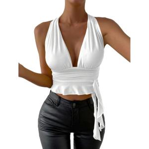 imageSOLY HUX Womens Sexy Deep VNeck Halter Crop Top Summer Beach Vacation Clothes Y2K Trendy Tank Top for Going Out PartyPlain White