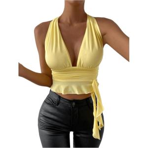 imageSOLY HUX Womens Sexy Deep VNeck Halter Crop Top Summer Beach Vacation Clothes Y2K Trendy Tank Top for Going Out PartyPlain Yellow