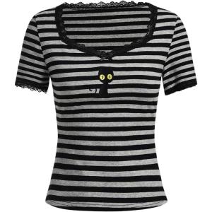 imageSOLY HUX Womens Striped Graphic Lace Trim T Shirts Summer Coquette Short Sleeve Tee Shirt TopBlack Grey Striped