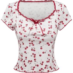 imageSOLY HUX Womens Summer Short Sleeve Y2k Tees Ditsy Floral Lace Bowknot Tshirts Kawaii Crop TopsRed and White
