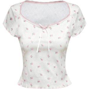 imageSOLY HUX Womens Summer Short Sleeve Y2k Tees Ditsy Floral Lace Bowknot Tshirts Kawaii Crop TopsWhite Floral