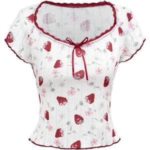 imageSOLY HUX Womens Summer Short Sleeve Y2k Tees Ditsy Floral Lace Bowknot Tshirts Kawaii Crop TopsWhite Strawberry