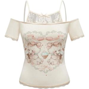 imageSOLY HUX Womens Y2K Coquette Aesthetic Crop Tops Summer Kawaii Clothes Cute Lace Bow Cold Shoulder Graphic TeesApricot Graphic