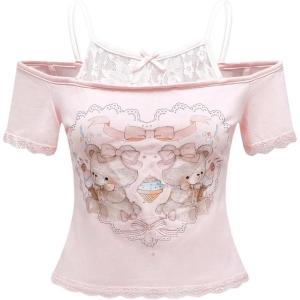 imageSOLY HUX Womens Y2K Coquette Aesthetic Crop Tops Summer Kawaii Clothes Cute Lace Bow Cold Shoulder Graphic TeesPink Graphic