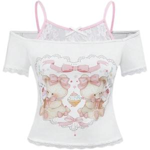 imageSOLY HUX Womens Y2K Coquette Aesthetic Crop Tops Summer Kawaii Clothes Cute Lace Bow Cold Shoulder Graphic TeesWhite Graphic