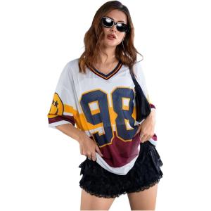 imageSOLY HUX Womens Y2k Blokette Jersey Shirts Oversized Mesh Number Graphic Tees V Neck Half Sleeve Loose T Shirt TopsMulticoloured Letter