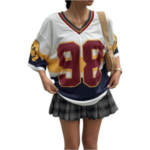 imageSOLY HUX Womens Y2k Blokette Jersey Shirts Oversized Mesh Number Graphic Tees V Neck Half Sleeve Loose T Shirt TopsRed Letter