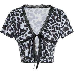 imageSOLY HUX Womens Y2k Lace Leopard Print Tee Crop Tops Deep V Neck Tie Front Short Sleeve T ShirtGrey Leopard