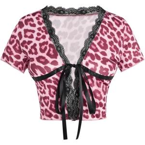 imageSOLY HUX Womens Y2k Lace Leopard Print Tee Crop Tops Deep V Neck Tie Front Short Sleeve T ShirtHot Pink