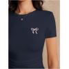 imageSOLY HUX Womens Crop Tops Y2K Short Sleeve Shirts Cute Bow Embroidery Tee Shirts Summer TopsDark Blue Bow