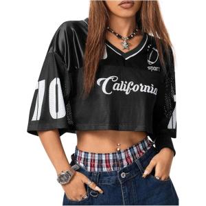 imageSOLY HUX Jersey Shirts for Women Y2k Crop Tops Streetwear Sportswear Short Sleeve TShirt Cute Football Jersey TopBlack Printed