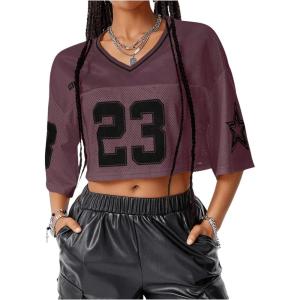 imageSOLY HUX Jersey Shirts for Women Y2k Crop Tops Streetwear Sportswear Short Sleeve TShirt Cute Football Jersey TopBrown Letter