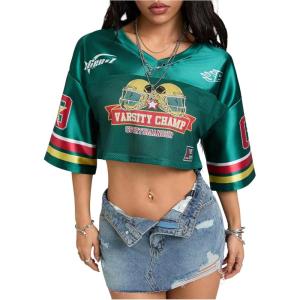imageSOLY HUX Jersey Shirts for Women Y2k Crop Tops Streetwear Sportswear Short Sleeve TShirt Cute Football Jersey TopDark Green Printed
