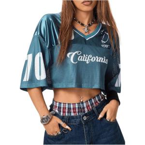 imageSOLY HUX Jersey Shirts for Women Y2k Crop Tops Streetwear Sportswear Short Sleeve TShirt Cute Football Jersey TopGreen Graphic