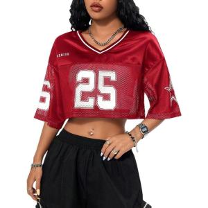 imageSOLY HUX Jersey Shirts for Women Y2k Crop Tops Streetwear Sportswear Short Sleeve TShirt Cute Football Jersey TopRed Letter