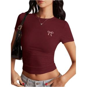 imageSOLY HUX Womens Crop Tops Y2K Short Sleeve Shirts Cute Bow Embroidery Tee Shirts Summer TopsBurgundy Bow
