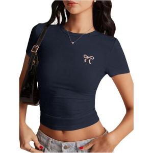 imageSOLY HUX Womens Crop Tops Y2K Short Sleeve Shirts Cute Bow Embroidery Tee Shirts Summer TopsDark Blue Bow