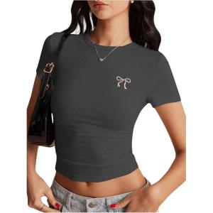 imageSOLY HUX Womens Crop Tops Y2K Short Sleeve Shirts Cute Bow Embroidery Tee Shirts Summer TopsDark Grey Bow