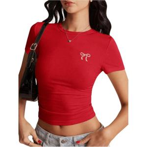 imageSOLY HUX Womens Crop Tops Y2K Short Sleeve Shirts Cute Bow Embroidery Tee Shirts Summer TopsRed Bow