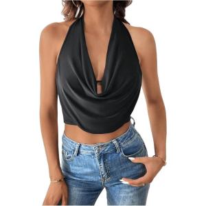 imageSOLY HUX Womens Halter Draped Front Tank Top Sexy Backless Going Out Crop Vest TopsPlain Black
