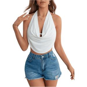 imageSOLY HUX Womens Halter Draped Front Tank Top Sexy Backless Going Out Crop Vest TopsPlain White