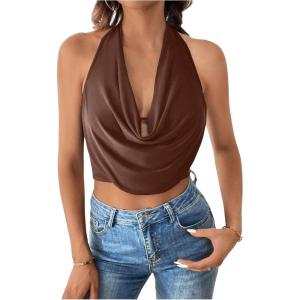 imageSOLY HUX Womens Halter Draped Front Tank Top Sexy Backless Going Out Crop Vest TopsPure Brown