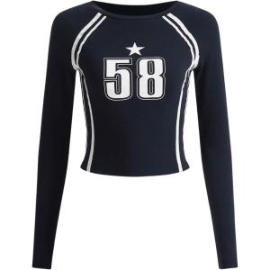 imageSOLY HUX Womens Long Sleeve Y2K Crop Tops Fitted Graphic Tees Star Number Print Going Out T Shirts Striped ShirtDark Blue Letter