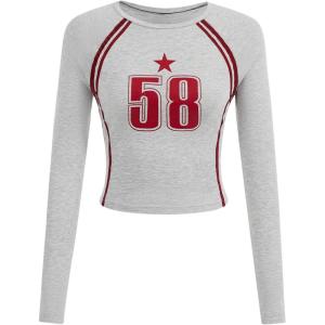 imageSOLY HUX Womens Long Sleeve Y2K Crop Tops Fitted Graphic Tees Star Number Print Going Out T Shirts Striped ShirtGrey Letter