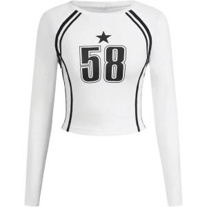 imageSOLY HUX Womens Long Sleeve Y2K Crop Tops Fitted Graphic Tees Star Number Print Going Out T Shirts Striped ShirtWhite Letter