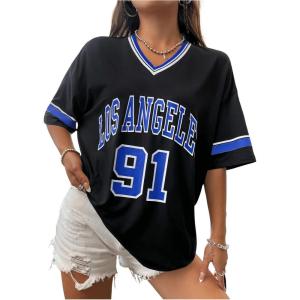 imageSOLY HUX Womens Oversized Jersey Shirts V Neck Graphic Tees Summer Baggy Blokecore TShirt TopsBlack Blue Graphic