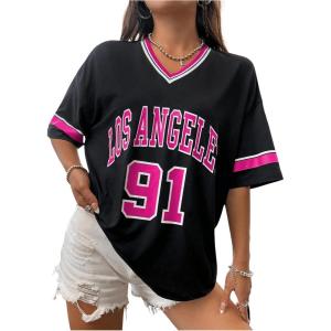 imageSOLY HUX Womens Oversized Jersey Shirts V Neck Graphic Tees Summer Baggy Blokecore TShirt TopsBlack Graphic