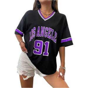 imageSOLY HUX Womens Oversized Jersey Shirts V Neck Graphic Tees Summer Baggy Blokecore TShirt TopsBlack Purple Graphic
