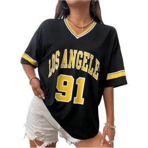 imageSOLY HUX Womens Oversized Jersey Shirts V Neck Graphic Tees Summer Baggy Blokecore TShirt TopsBlack Yellow Graphic