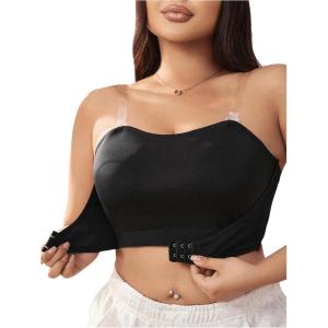 imageSOLY HUX Womens Plus Size Strapless Seamless Bra Wireless Bandeau Bralette with Transparent StrapsSolid Black