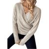 imageSOLY HUX Womens V Neck Long Sleeve Off Shoulder Sweaters Criss Cross Wrap Ruched Pullover Fall TopsPlain Apricot
