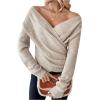 imageSOLY HUX Womens V Neck Long Sleeve Off Shoulder Sweaters Criss Cross Wrap Ruched Pullover Fall TopsPlain Apricot