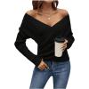 imageSOLY HUX Womens V Neck Long Sleeve Off Shoulder Sweaters Criss Cross Wrap Ruched Pullover Fall TopsPlain Black