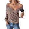 imageSOLY HUX Womens V Neck Long Sleeve Off Shoulder Sweaters Criss Cross Wrap Ruched Pullover Fall TopsPlain Brown