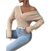 imageSOLY HUX Womens V Neck Long Sleeve Off Shoulder Sweaters Criss Cross Wrap Ruched Pullover Fall TopsPlain Khaki