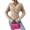 imageSOLY HUX Womens V Neck Long Sleeve Off Shoulder Sweaters Criss Cross Wrap Ruched Pullover Fall TopsPlain Khaki