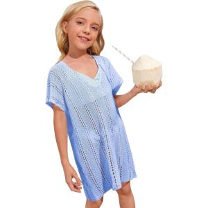 imageSOLY HUX Girls V Neck Crochet Short Sleeve Beach Dress Summer Swimsuit Bikini Cover UpLight Blue Plain