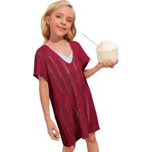 imageSOLY HUX Girls V Neck Crochet Short Sleeve Beach Dress Summer Swimsuit Bikini Cover UpPlain Burgundy