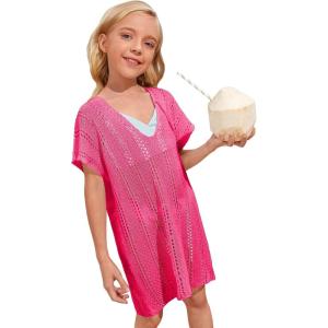 imageSOLY HUX Girls V Neck Crochet Short Sleeve Beach Dress Summer Swimsuit Bikini Cover UpPlain Hotpink