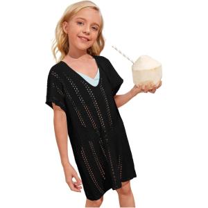 imageSOLY HUX Girls V Neck Crochet Short Sleeve Beach Dress Summer Swimsuit Bikini Cover UpPure Black