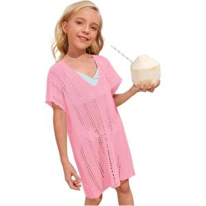 imageSOLY HUX Girls V Neck Crochet Short Sleeve Beach Dress Summer Swimsuit Bikini Cover UpPure Light Pink