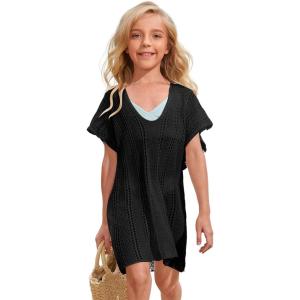 imageSOLY HUX Girls V Neck Crochet Short Sleeve Beach Dress Summer Swimsuit Bikini Cover UpSolid Black